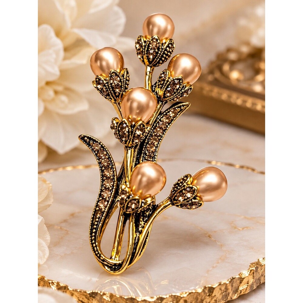 Gold Tone Floral Brooch Pin Champagne Faux Pearl Rhinestone Bouquet Elegant